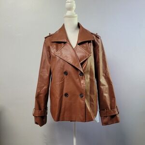 Yousify Womens Sz M Brick Red Faux Leather Double Breasted Peacoat Jacket RT8302